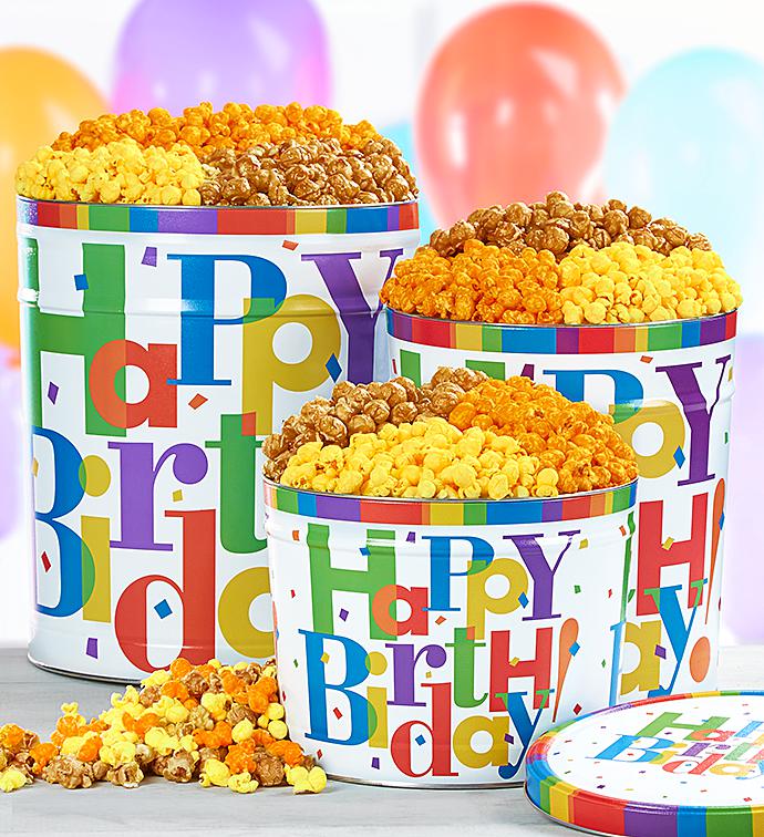Big Happy Birthday Popcorn Tins - 6-1/2 Gallon 3-Flavor