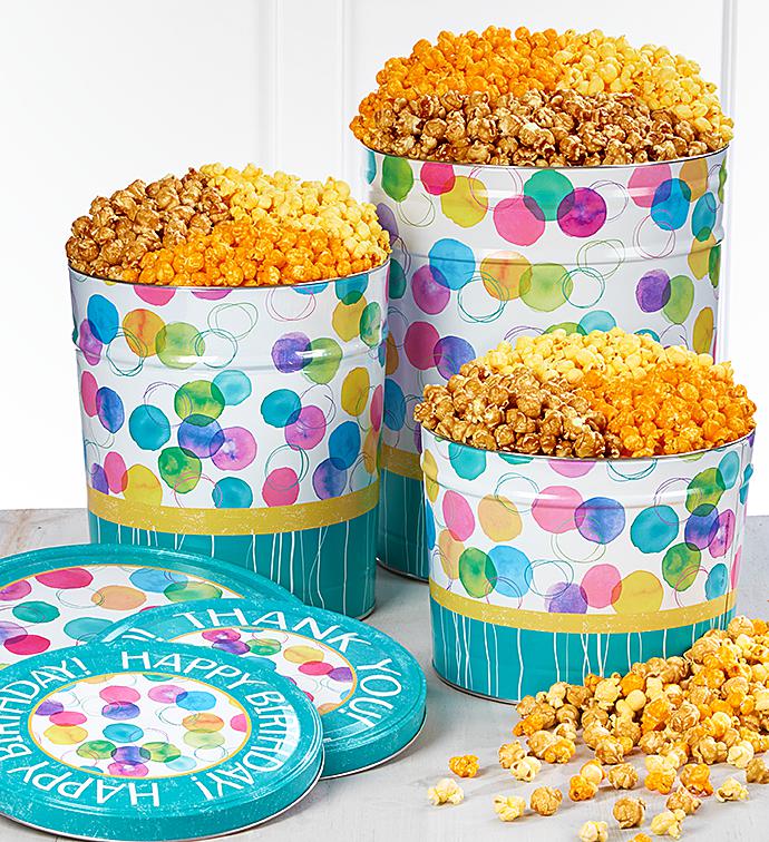 Say It With Dots Happy Birthday Popcorn Tins - 3-1/2 Gallon 3-Flavor