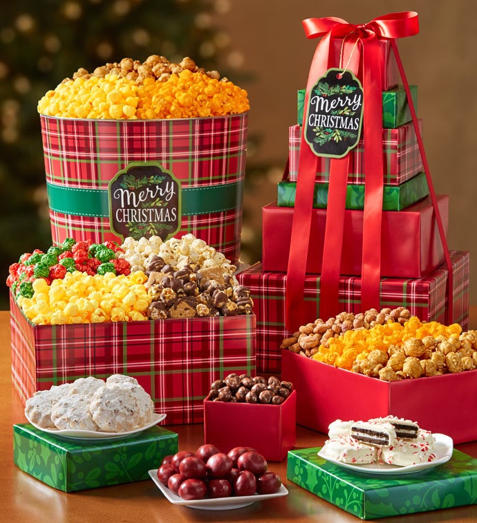 Merry Christmas and Happy Holidays 6 Tier Tower & Tin