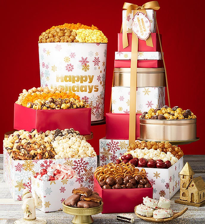 8 Tier Sparkling Snowflakes Happy Holidays Tower & 3 1/2 Gallon Tin