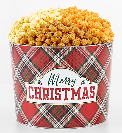 Merry Christmas Plaid 2 Gallon 3 Flavor Popcorn Tin