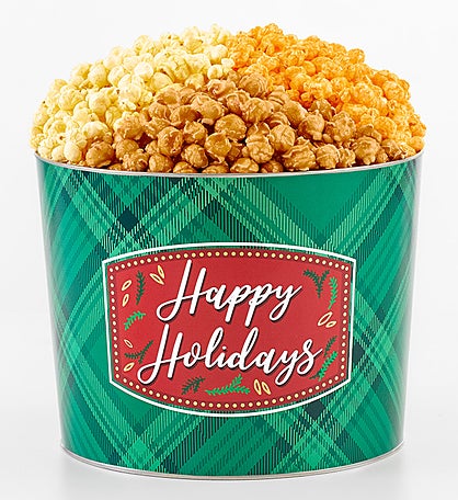 Happy Holidays Plaid 2 Gallon 3 Flavor Popcorn Tin
