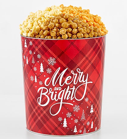 Happy Holidays Plaid 3 1/2 Gallon 3 Flavor Popcorn Tin