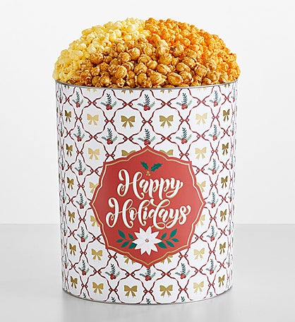 Happy Holidays 6 1/2 Gallon 3 Flavor Popcorn Tin