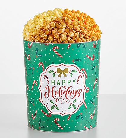 Happy Holidays 3 1/2 Gallon 3 Flavor Popcorn Tin