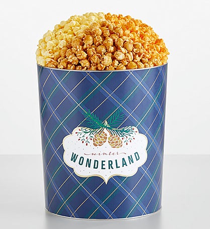 Winter Wonderland Blue Plaid 3 1/2 Gallon 3 Flavor Popcorn Tin