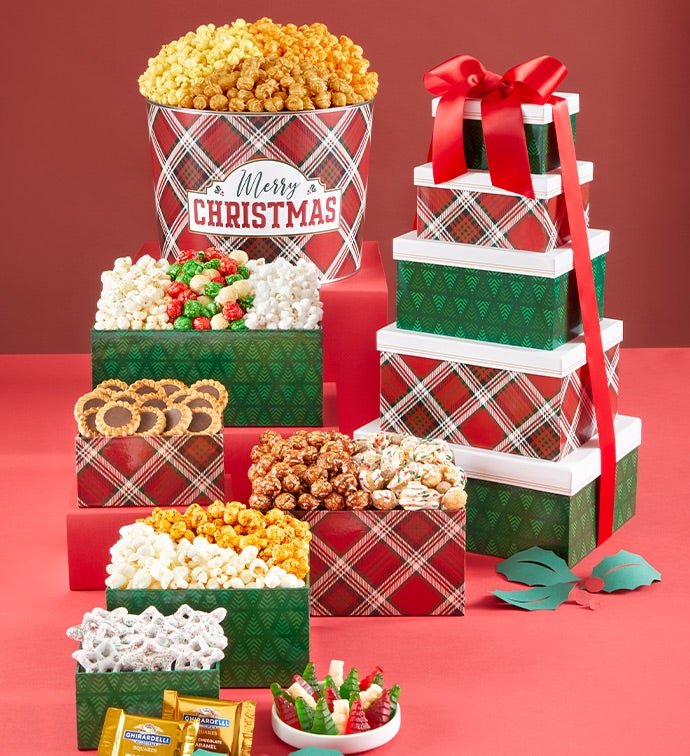 Merry Christmas 5 Box Gift Tower and 2 Gallon 3 Flavor Popcorn Tin