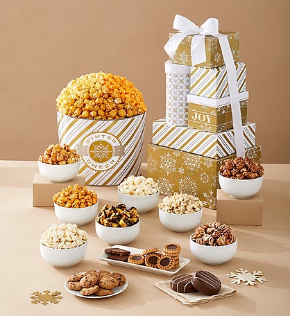 Golden Snowflakes 6 Box Gift Tower and 2 Gallon Popcorn Tin 3 Flavor