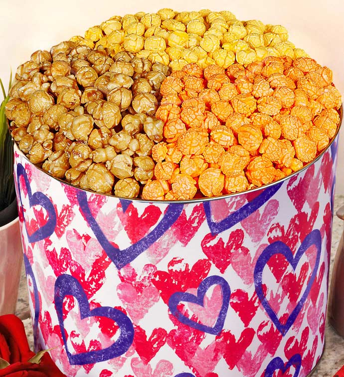 2 Gallon Letterpress Hearts 3 Flavor Popcorn