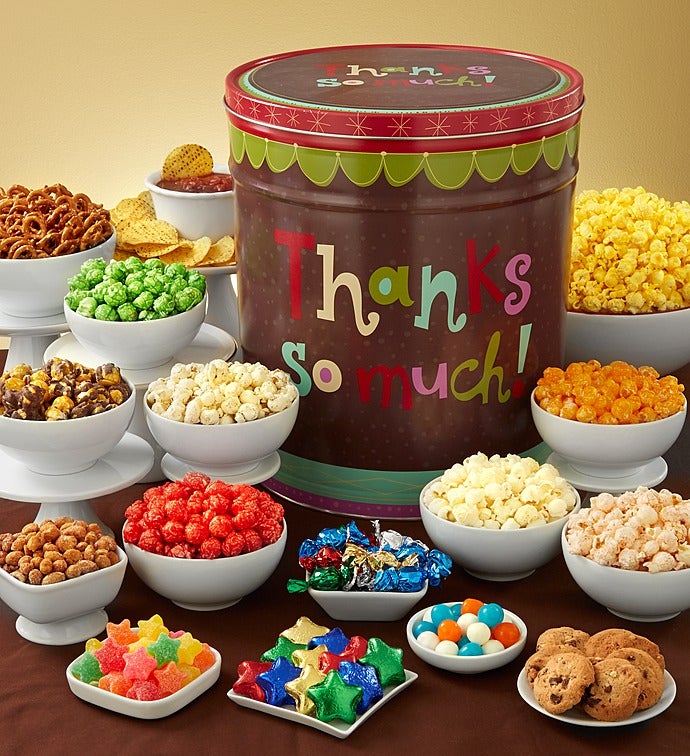 Thanks So Much Deluxe Snack Assortment & 3 Flavor Popcorn Tins