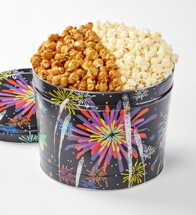 Fireworks Caramel & White Cheddar 2 Flavor 2 Gallon Popcorn Tin