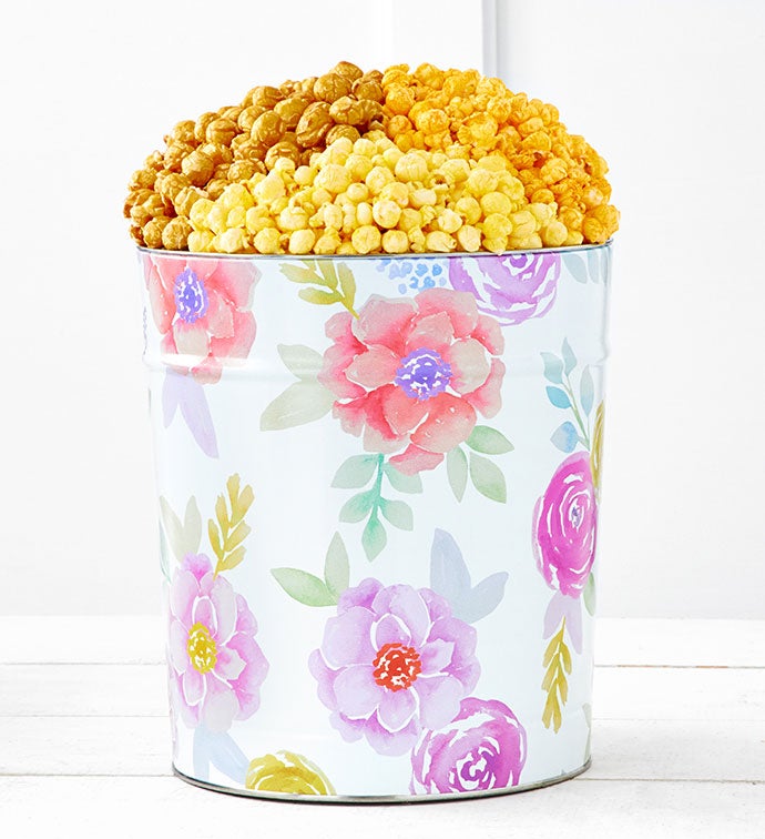 Fancy Floral 3 1/2 Gallon Popcorn Tin 3 Flavor