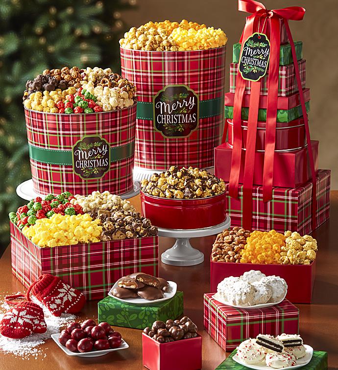 Merry Christmas Plaid 8 Tier Tower & Popcorn Tins