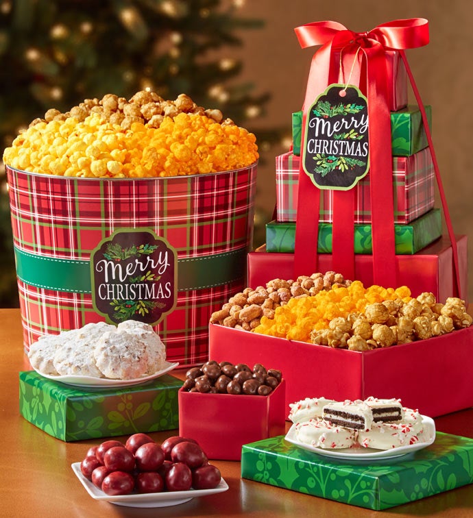 Merry Christmas and Happy Holidays 5 Tier Tower & Tin