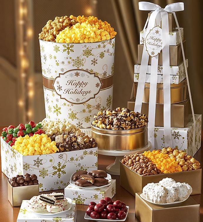 Gold Snowflake 8 Tier Tower & Tin
