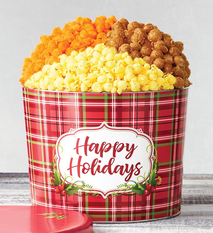 1.75 Gallon Holly Plaid Happy Holidays Popcorn Tins