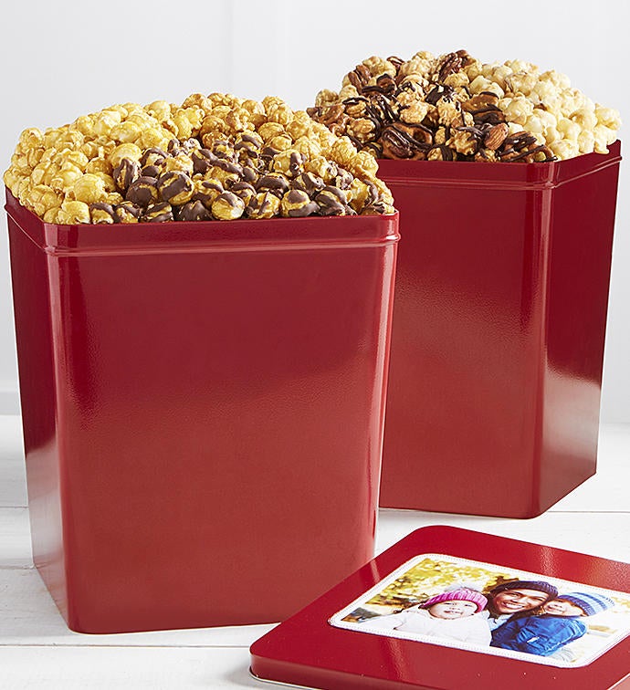 Set Of 2 Popcorn Tins Caramel Trio & Nutty Trio Popcorn