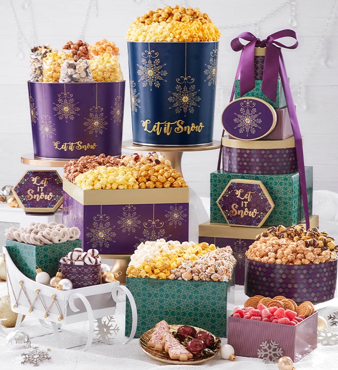 Let It Snow 8 Tier Gift Tower with 2 Gallon & 3 1/2 Gallon Popcorn Tins