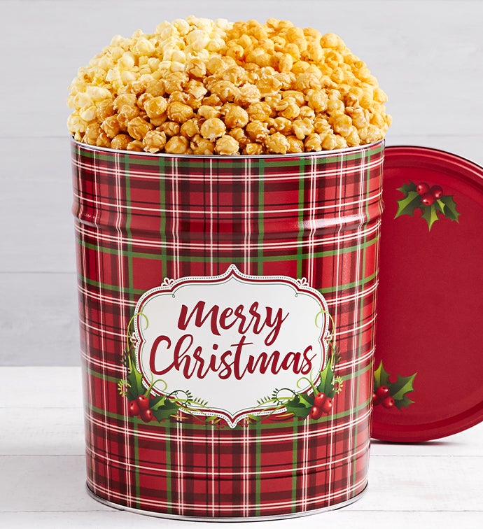 3 1/2 Gallon Holly Plaid Merry Christmas Popcorn Tin