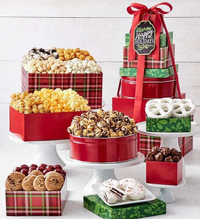 Happy Holidays Plaid 7 Tier Tower