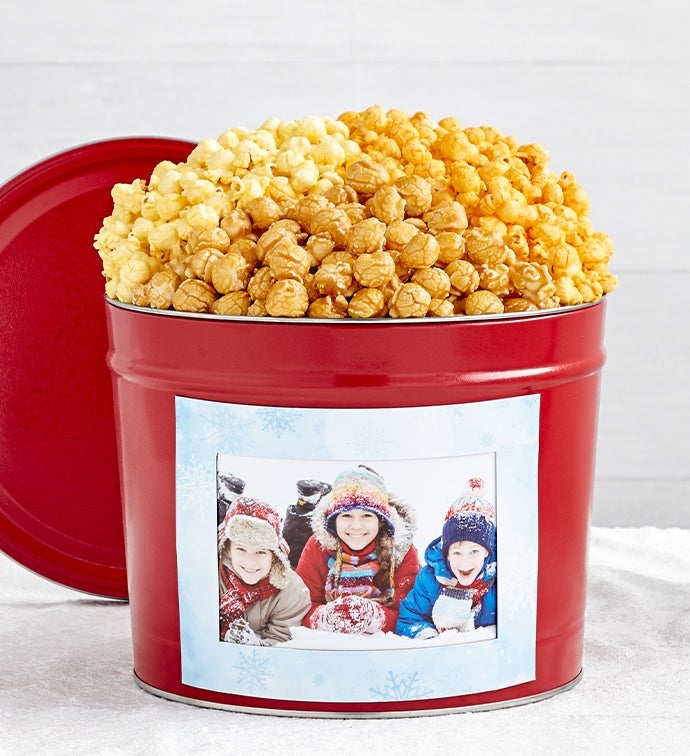 Simply Red 2 Gallon Popcorn Tin with Winter Magnet Photo Frame