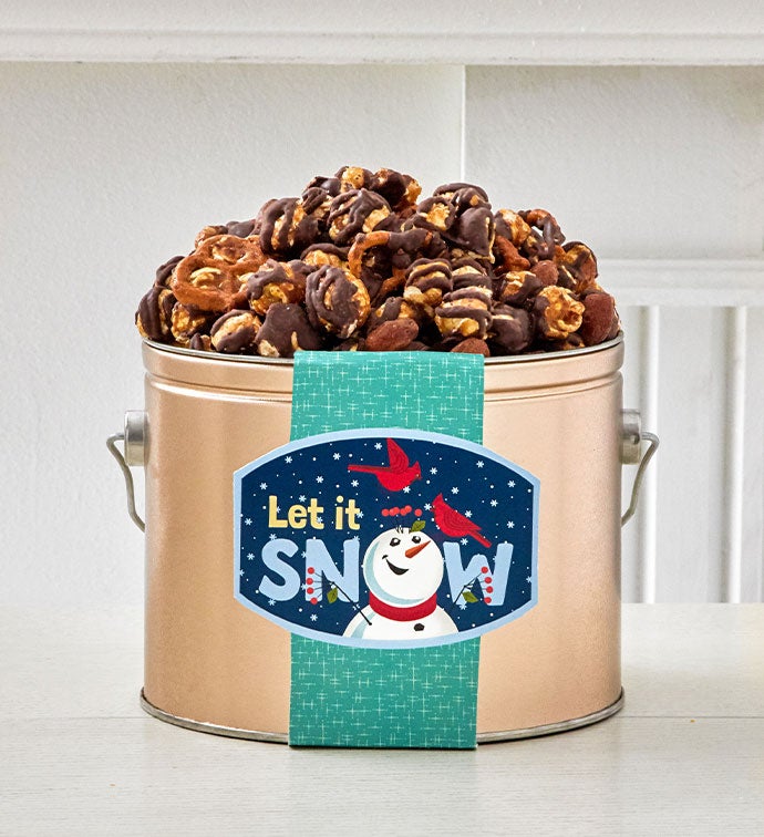 Snow Much Fun 1/2 Gallon Holiday Pail Drizzled Butter Toffee Almond Pretzel Popcorn