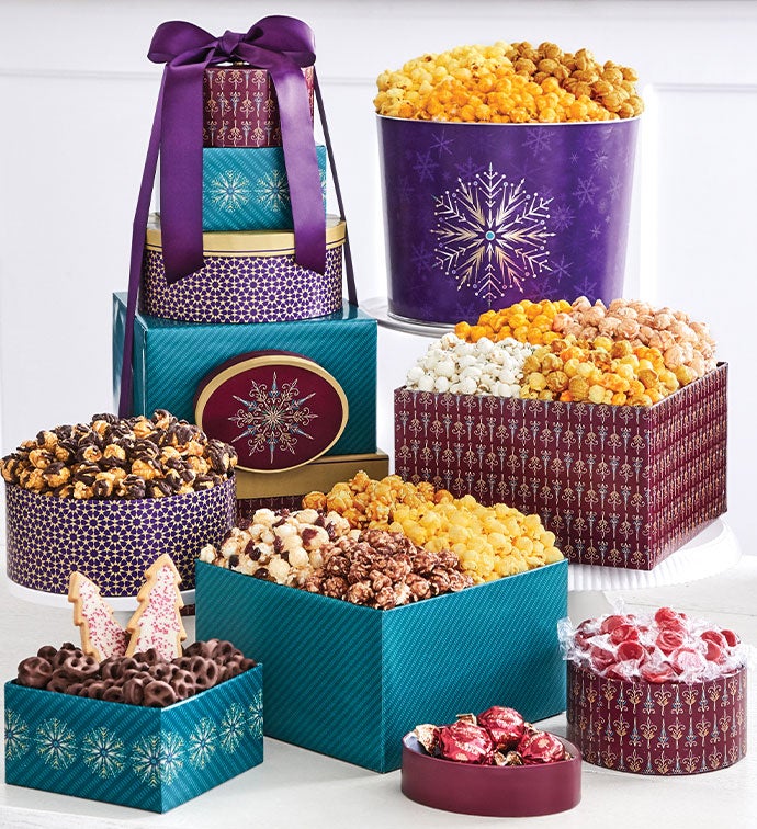 Shining Snowflake 6 Box Gift Tower & 2 Gallon Popcorn Tin