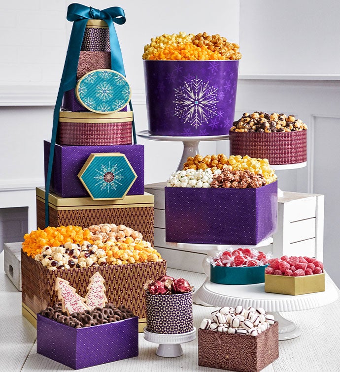 Shining Snowflake 8 Box Gift Tower & 2 Gallon Popcorn Tin
