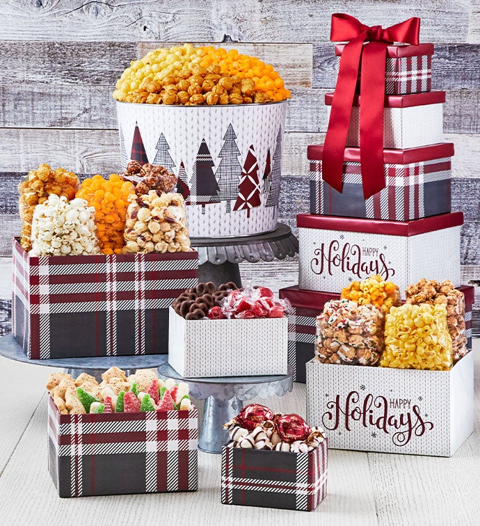 Cozy Plaid Happy Holidays 5 Box Gift Tower & 2 Gallon Popcorn Tin