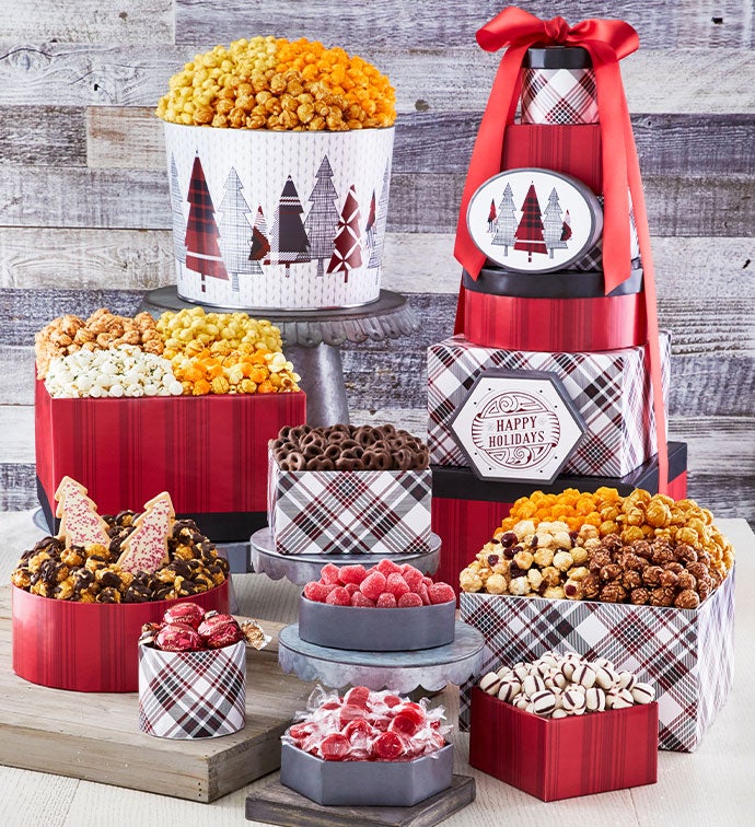 Cozy Plaid Happy Holidays 8 Box Gift Tower & 2 Gallon Popcorn Tin