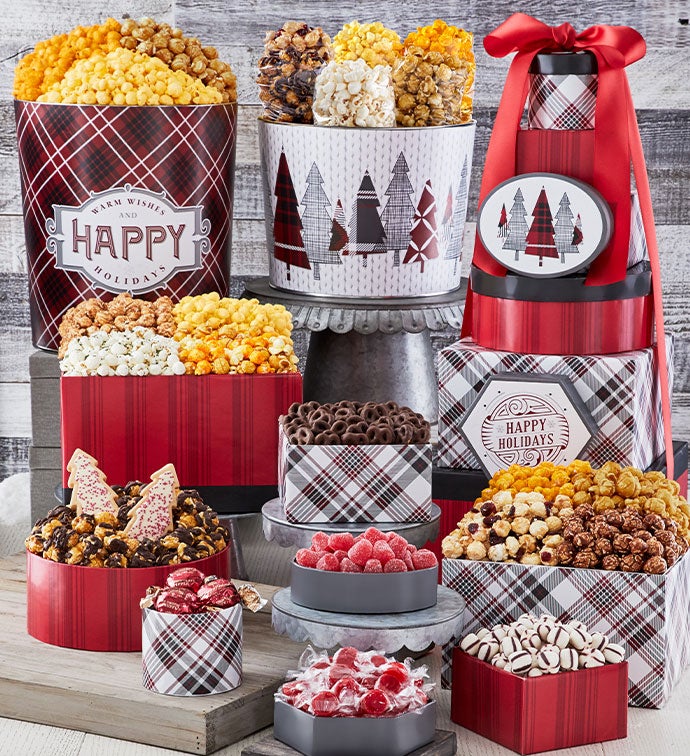 Cozy Plaid Happy Holidays 8 Box Gift Tower & 2 Popcorn Tins