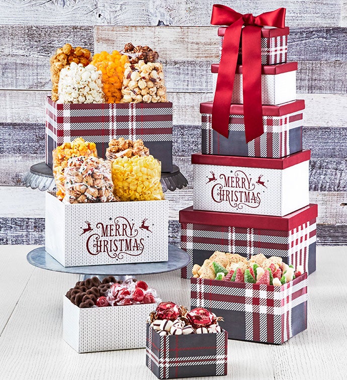 Cozy Plaid Merry Christmas 5 Box Gift Tower