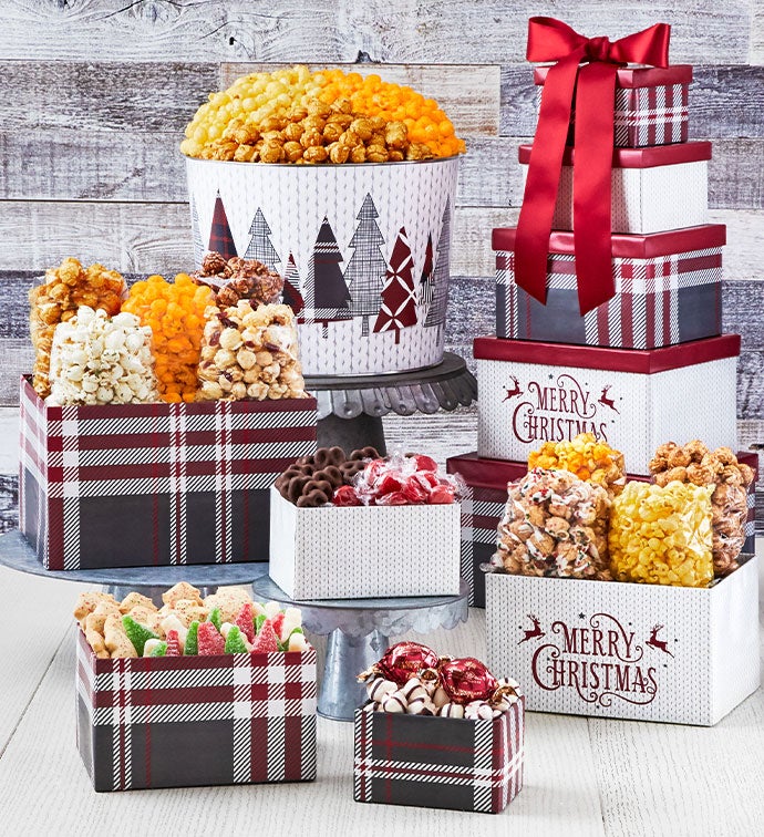 Cozy Plaid Merry Christmas 5 Box Gift Tower & 2 Gallon Popcorn Tin