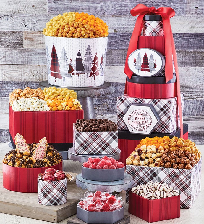 Cozy Plaid Merry Christmas 8 Box Gift Tower & 2 Gallon Popcorn Tin