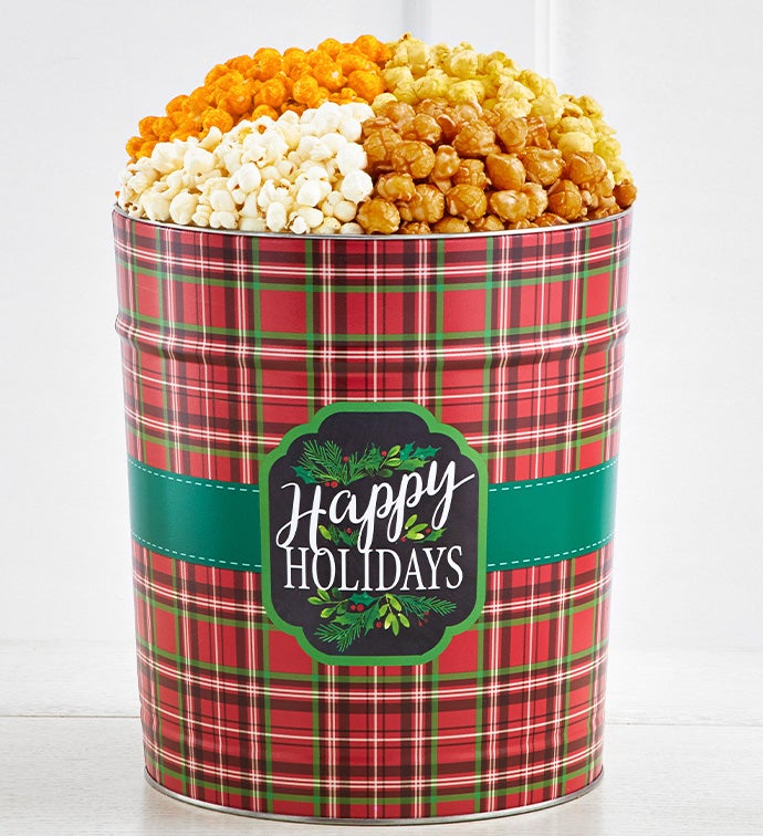 3 1/2 Gallon Plaid Happy Holidays 4 Flavor Popcorn Tin