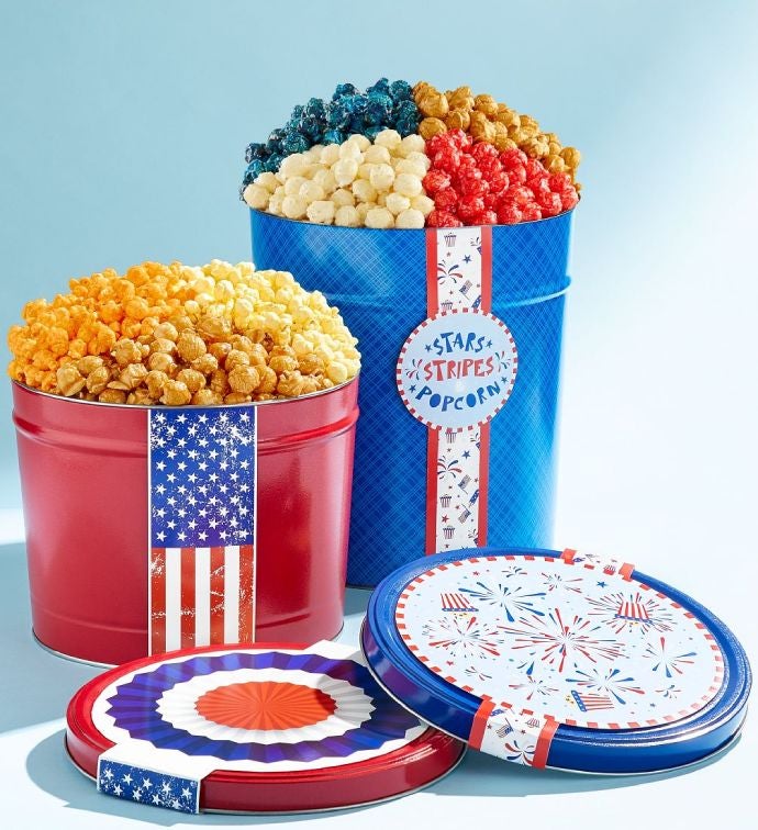 Red Pop and Blue 2 Gallon 3 Flavor Popcorn Tin