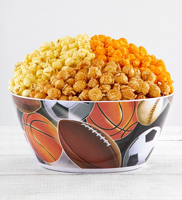 Sports Themed Reusable Popcorn Bowl With Popcorn