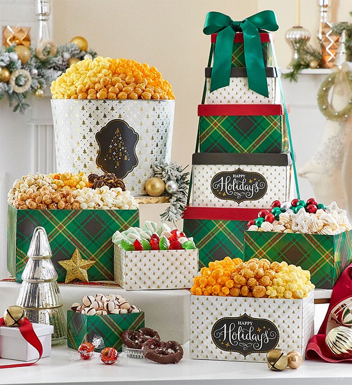 Happy Plaid 5 Gift Box Tower And 2 Gallon 3 Flavor Popcorn Tin