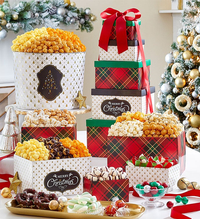 Merry Plaid 5 Gift Box Tower And 2 Gallon 3 Flavor Popcorn Tin