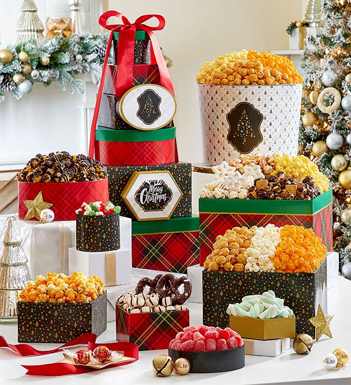 Merry Plaid 8 Gift Box Tower And 2 Gallon 3 Flavor Popcorn Tin
