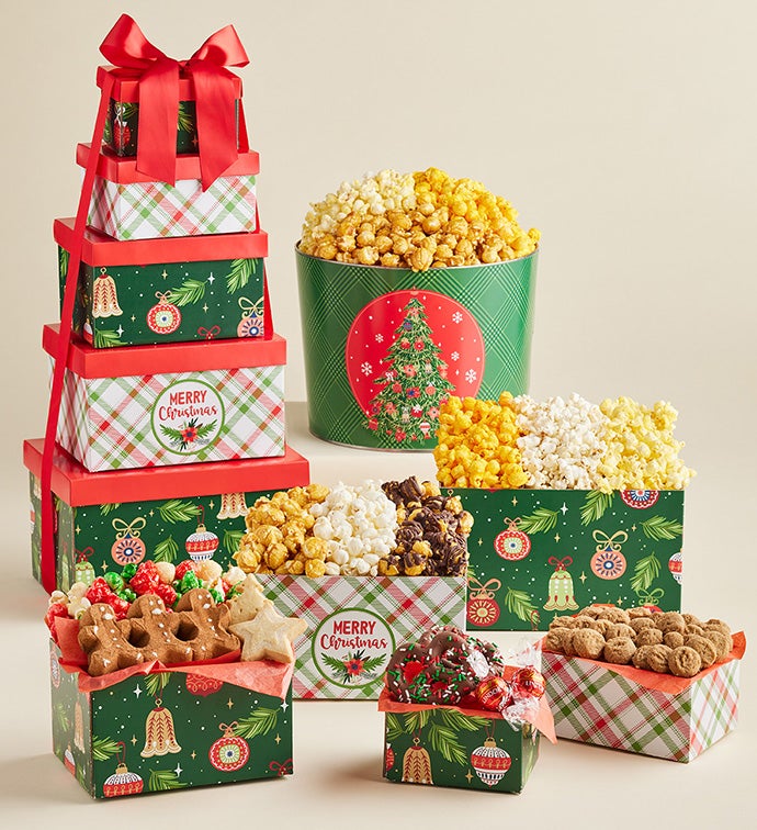 Christmas Cheer 5 Box Gift Tower and 2 Gallon Popcorn Tin  The Popcorn Factory