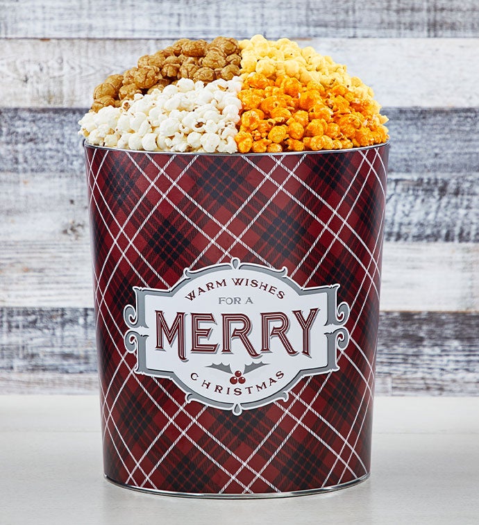 Cozy Plaid Merry Christmas 3 1/2 Gallon 4 Flavor Popcorn Tins