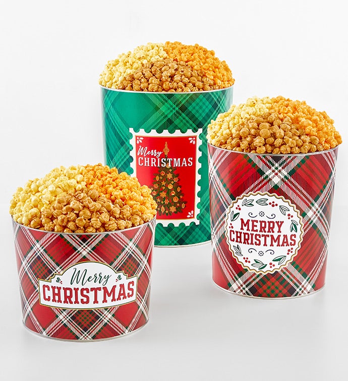Merry Christmas Plaid 3 1/2 Gallon 3 Flavor Popcorn Tin