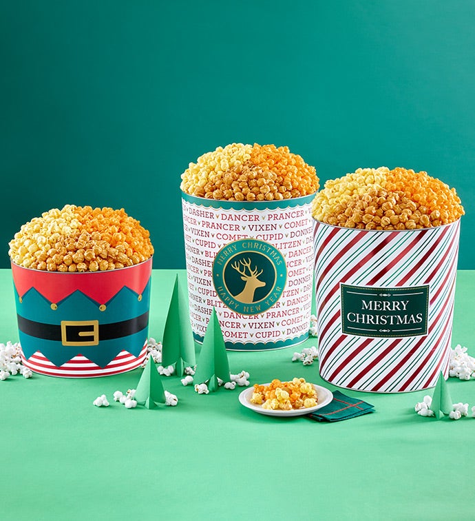 Merry Christmas Stripes 3.5 Gallon 3 Flavor Popcorn Tin