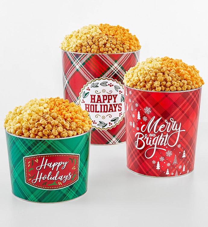 Happy Holidays 3 1/2 Gallon 3 Flavor Popcorn Tin