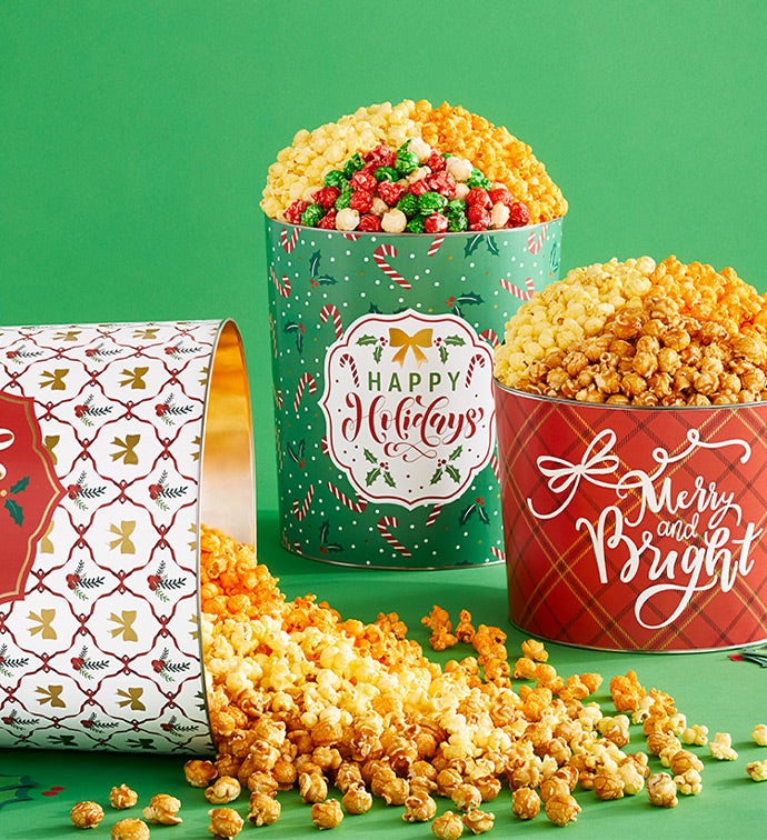 Happy Holidays 2 Gallon 3 Flavor Popcorn Tin