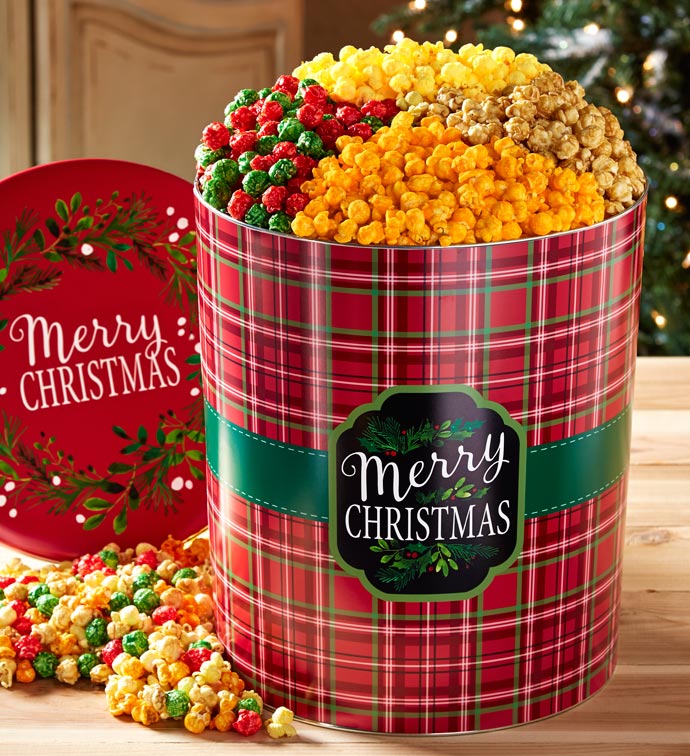 Merry Christmas And Happy Holidays Plaid Popcorn Tins