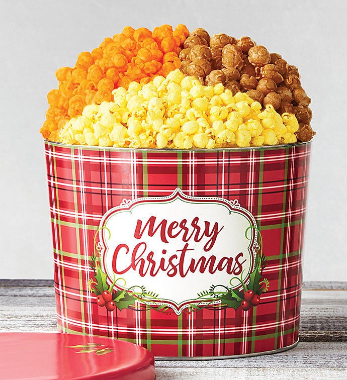 Holly Plaid Merry Christmas Popcorn Tins