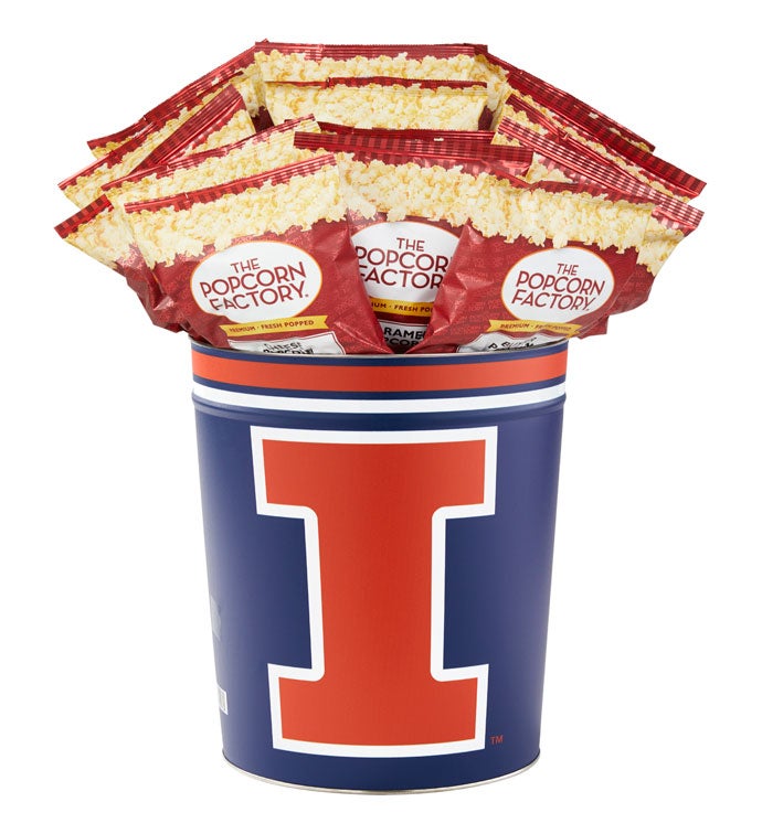 3 Gallon University of Illinois Popcorn Tin with 15 Bags of Popcorn