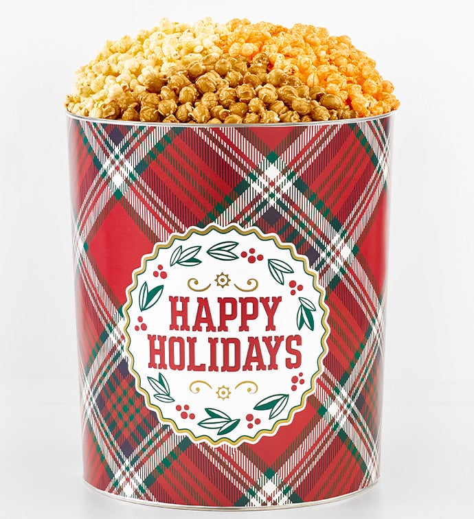 Happy Holidays 6 1/2 Gallon 3 Flavor Popcorn Tin